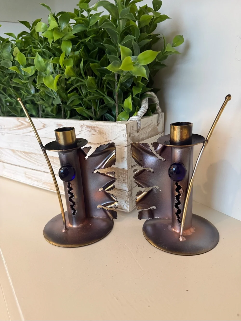 Vintage Brutalist Metal Candlestick Holders Pair Leaf Cobalt Glass MCM Decor
